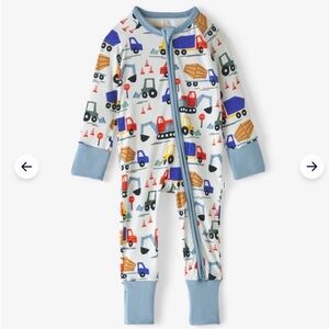 Little Sleepies White Pajama Set with Blue Trim and Colorful Truck Print
